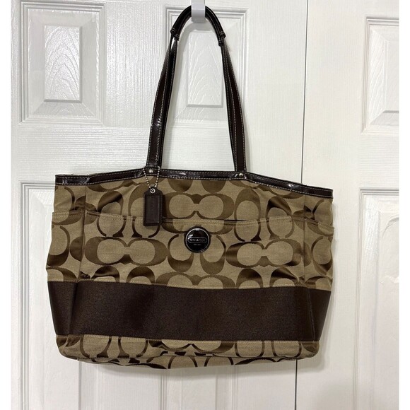Coach Large Signature Canvas & Leather Diaper Tote Bag Tan/Brown READ - Picture 1 of 16